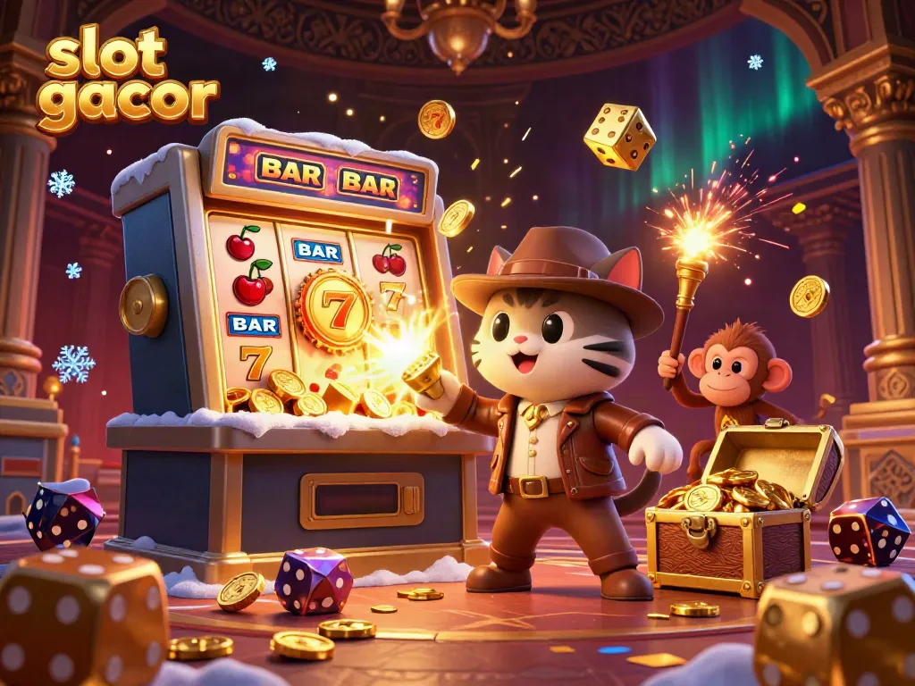 Engaging 3D illustration showcasing a cat archaeologist in a casino treasure hunt, highlighting slot gacor.