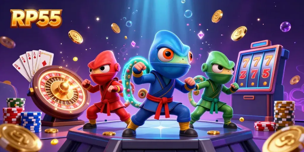 RP55 ninja chameleons engage in casino action amidst cascading gold coins and chips.