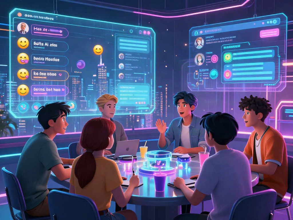 Diverse animated characters engaging in a lively hentai ai chat in a futuristic digital chat room.