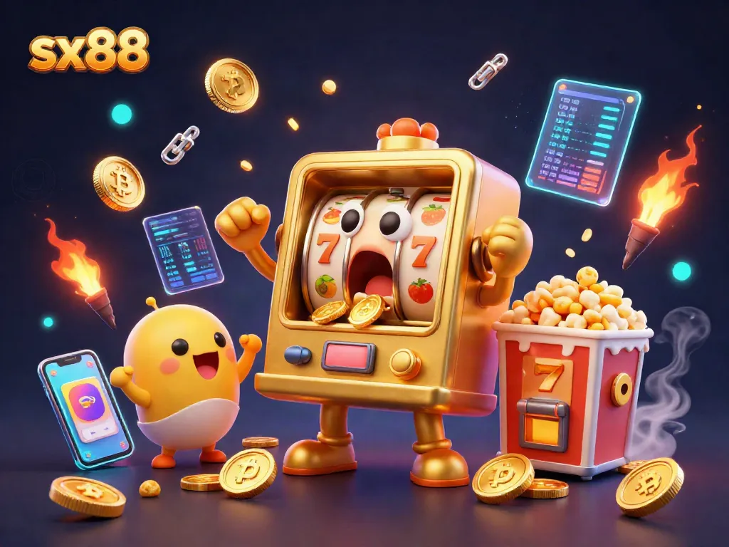 Hit the jackpot with sx88 in a vibrant casino scene featuring animated slot machines and crypto elements.