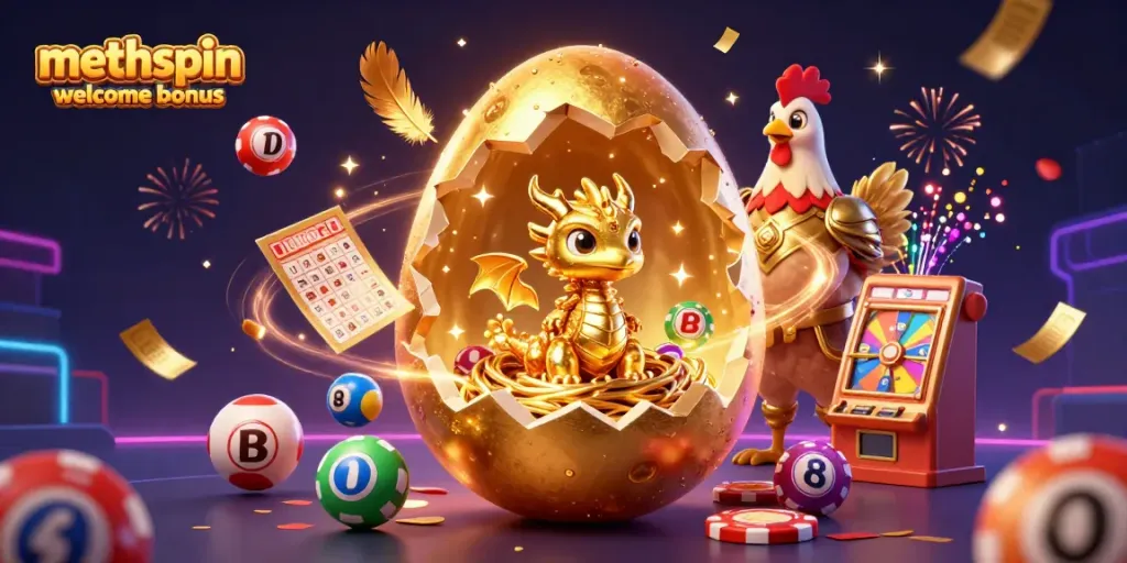 Experience the excitement of the Methspin welcome bonus with a golden baby dragon and poker chips.