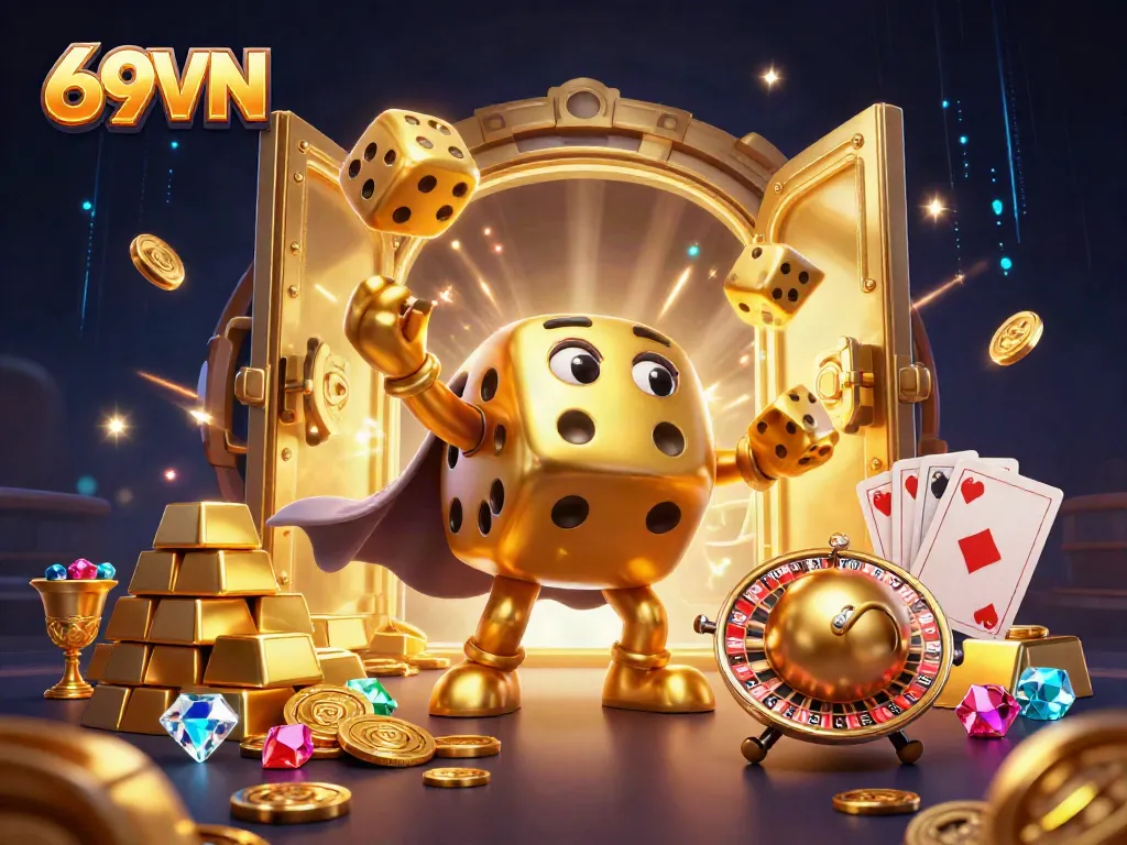 Engaging scene highlighting 69VN's online casino with golden dice, jewels, and vibrant elements illustrating excitement.