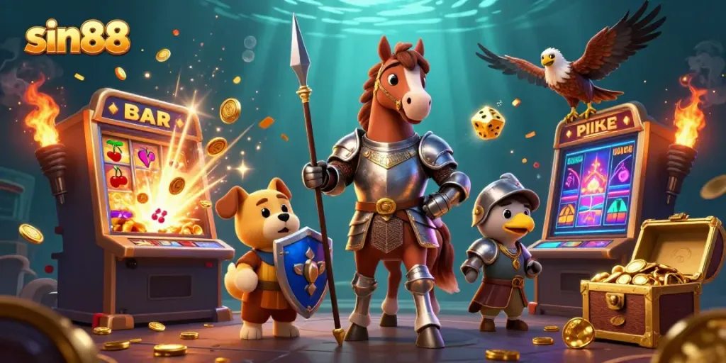Win big at sin88 with our vibrant casino illustration featuring knights and slot machines.