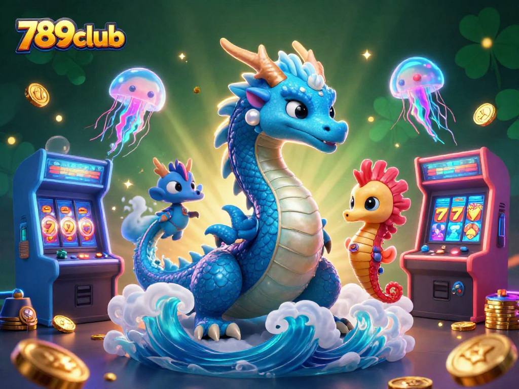 Chơi game tại 789club với rồng nước 3D và các máy chơi game đầy màu sắc.