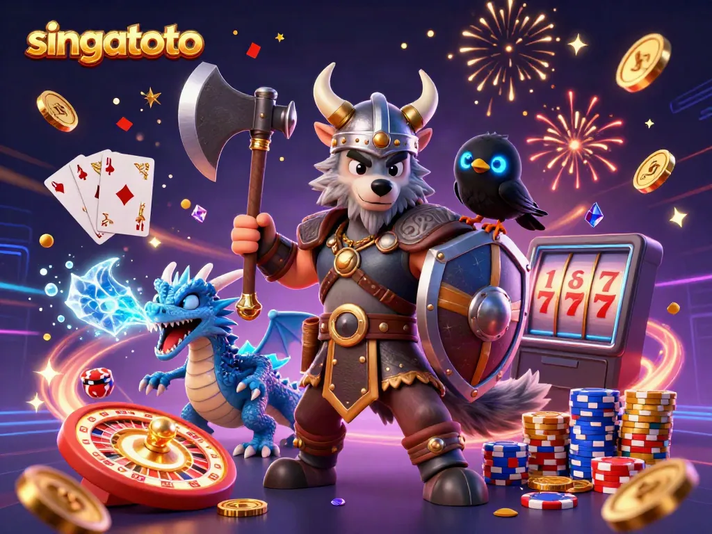 Experience the thrill of singatoto's online slots with a Viking wolf warrior, dragon, and vibrant casino elements.