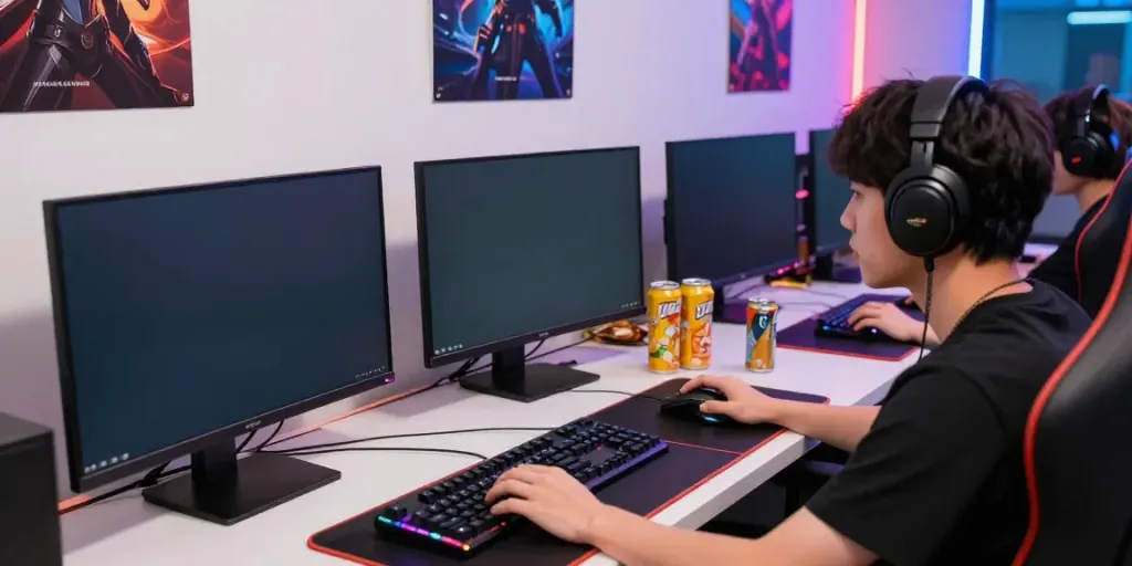 Peh888 gaming setup with dynamic user focused on laptop screen and vibrant RGB lighting, snacks on desk.