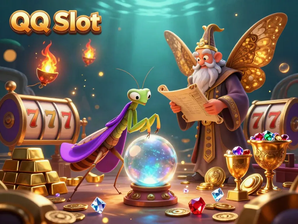 Experience thrilling luck with QQ Slot as a fortune teller and librarian unveil treasures in a vibrant casino scene.