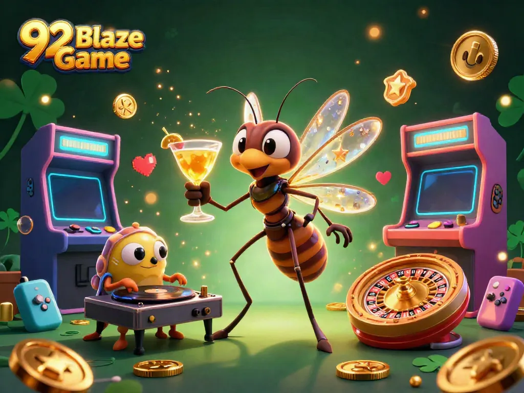 Engage with the 92 Blaze Game in this lively 3D scene showcasing casino elements and vibrant characters.