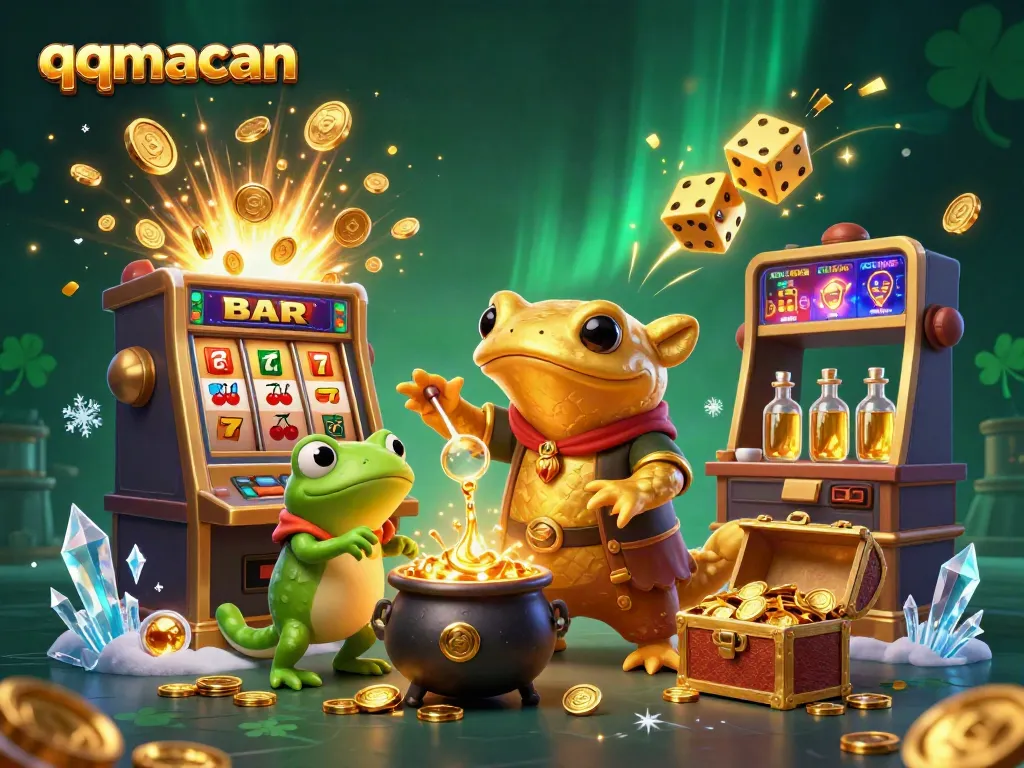 Experience the magic of qqmacan with an illustration of a golden salamander alchemist and a vibrant casino scene.