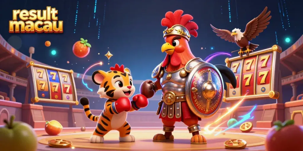 Hasil live draw Macau dengan suasana perjudian yang memikat dan seru, menampilkan jackpot dan simbol slot.