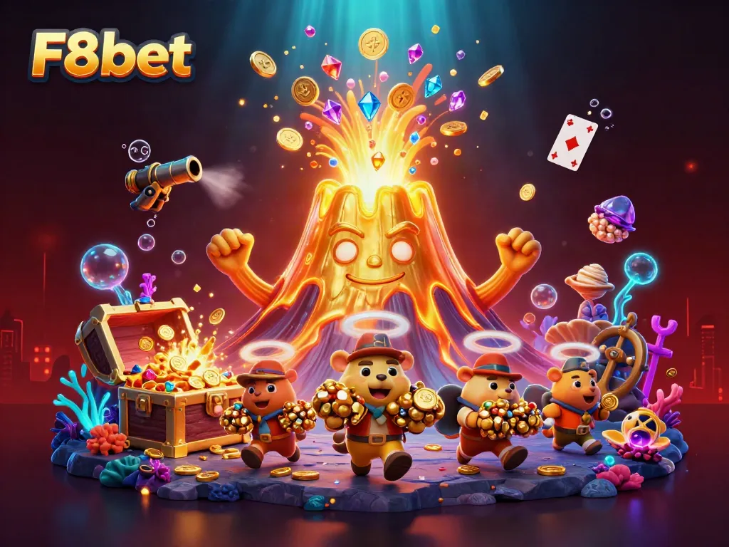 Play and win thrilling treasures with F8bet’s vibrant casino adventures featuring a golden volcano.