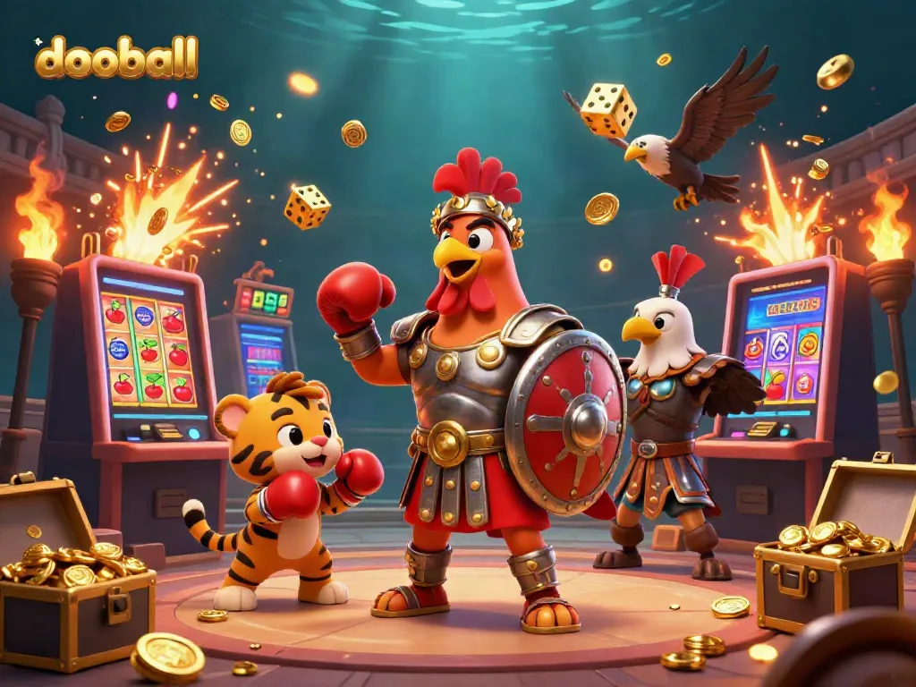 Experience thrilling dooball action as the gladiator rooster battles with gaming symbols amidst a lively casino atmosphere.