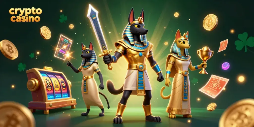 Engage in thrilling gameplay with crypto casino elements like Bitcoin coins, vibrant characters, and dynamic gaming items.