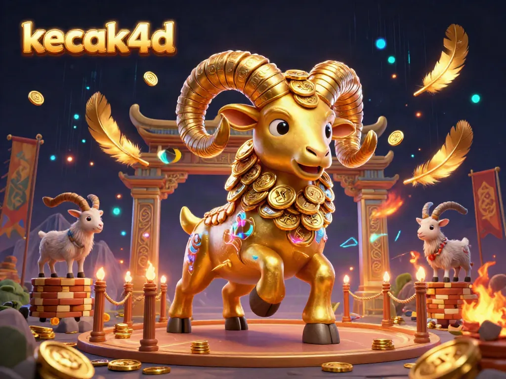 Experience excitement at kecak4d with a vibrant 3D casino scene featuring a golden ram, coins, and thrilling action.