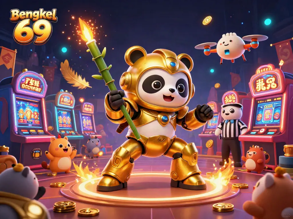 Bengkel 69 showcases an engaging casino scene with vibrant characters, slot machines, and dynamic gaming elements.