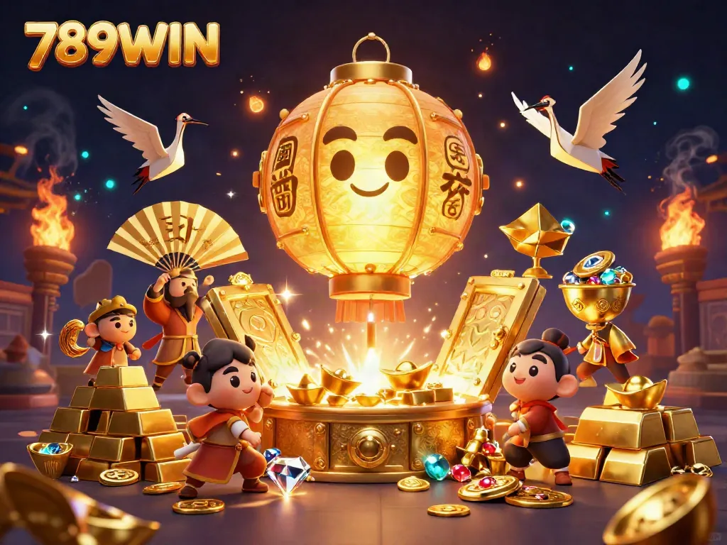 Engage with 789WIN’s vibrant casino scene showcasing gold treasures and playful characters.