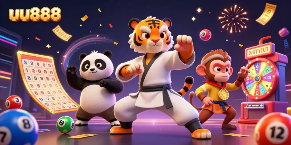 Engage with vibrant uu888 lottery action featuring a kung fu tiger master, panda disciple, and a monkey with rich gameplay visuals.