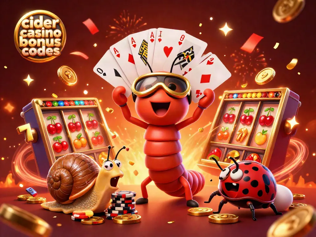 Cider casino bonus codes spark excitement at this vibrant digital illustration featuring playful characters and dynamic slot reels.