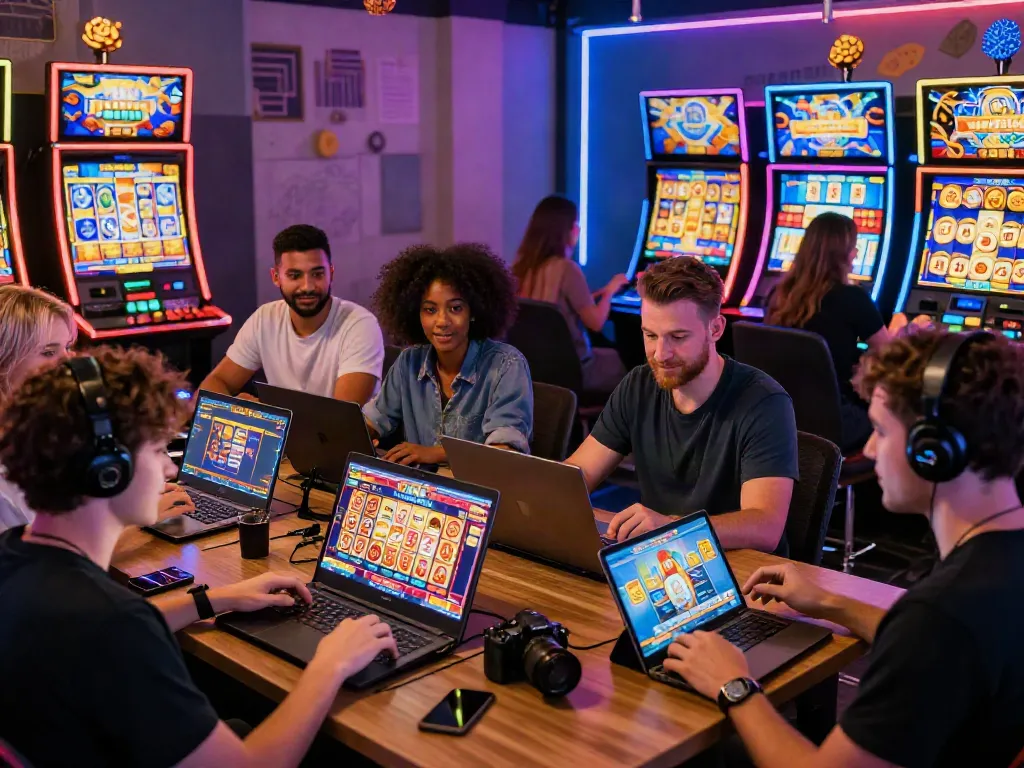 Players engaged in a colorful slot game, showcasing excitement and community in a lively online gaming environment.