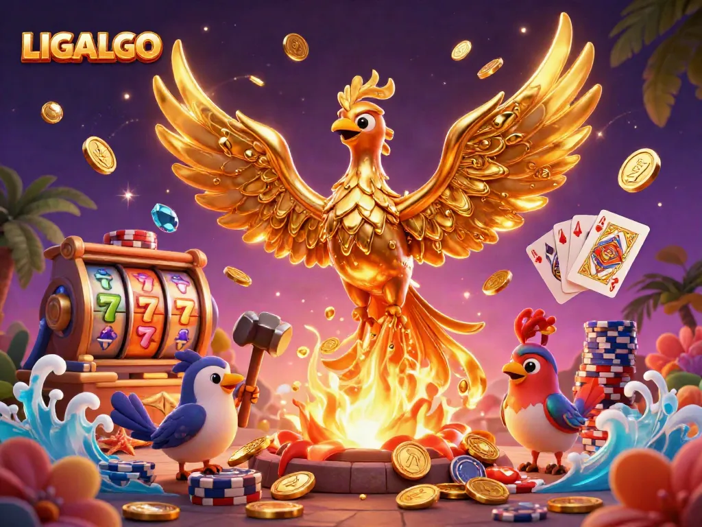 Experience the thrill of LIGALGO with molten phoenix emerging in a vibrant casino scene.