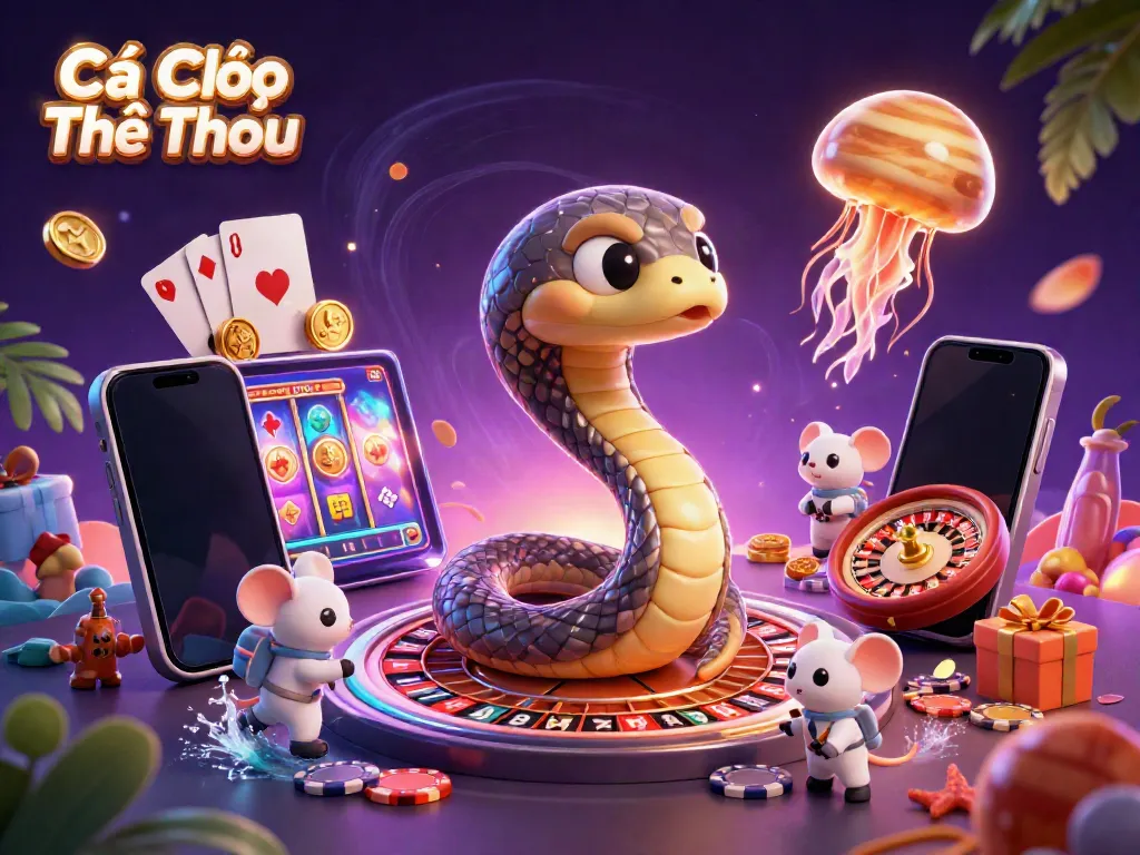 Cá Cược Thể Thao showcases a Saturn ring snake and astronaut mice engaging in a cosmic betting scene.