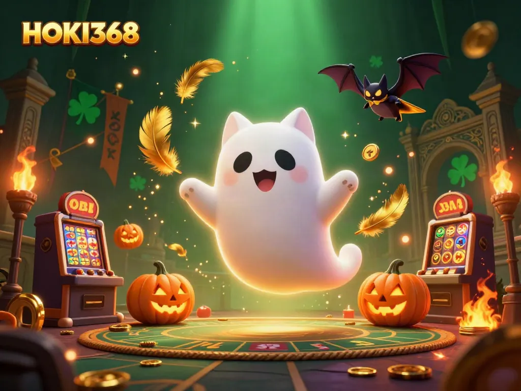 Engage with HOKI368's thrilling online gambling world featuring a ghost cat in a haunted casino.