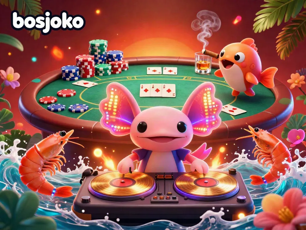 Experience the excitement of bosjoko with animated characters celebrating at a vibrant casino scene filled with poker elements.