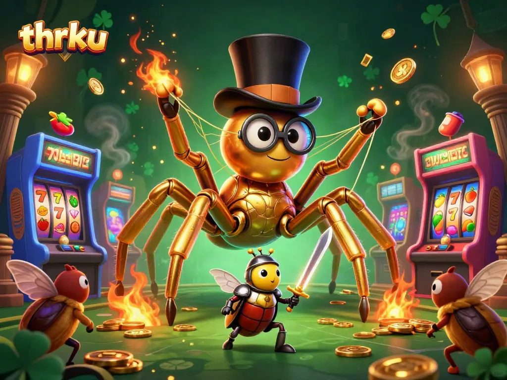 Engage with thrku's vibrant 3D casino world featuring a golden tarantula and beetle knight amidst exciting gaming elements.