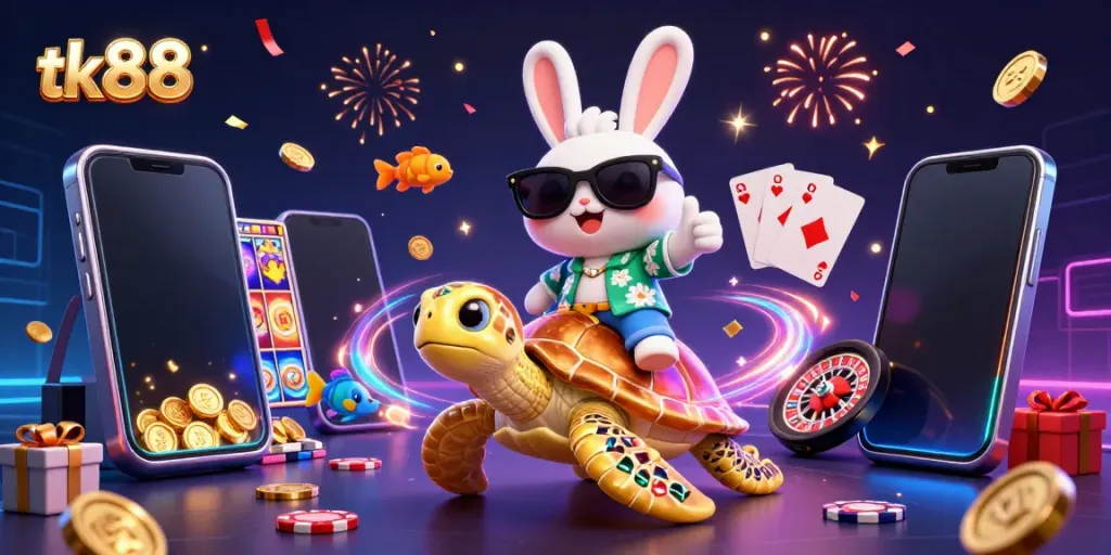 Spin and win with tk 88 in this vibrant 3D illustration celebrating casino fun and excitement.
