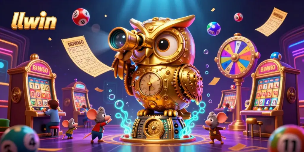Experience the thrill of gaming at llwin, featuring a clockwork owl and lively slots.