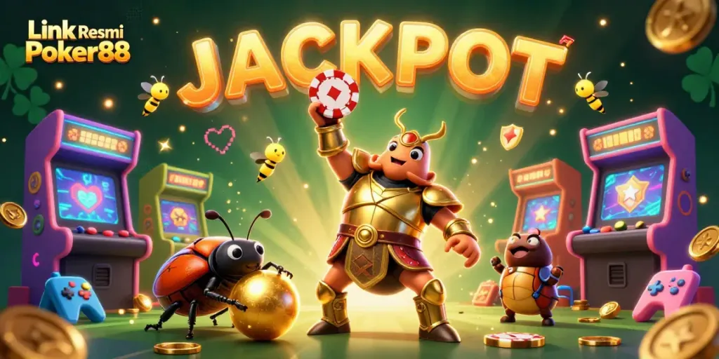Engage with Link Resmi Poker88 in a vibrant gaming scene featuring a victorious beetle champion.
