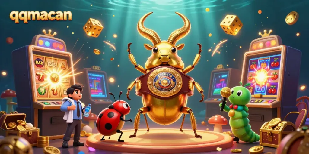 Experience exhilarating games at qqmacan with a festive 3D scene showcasing vibrant casino elements.