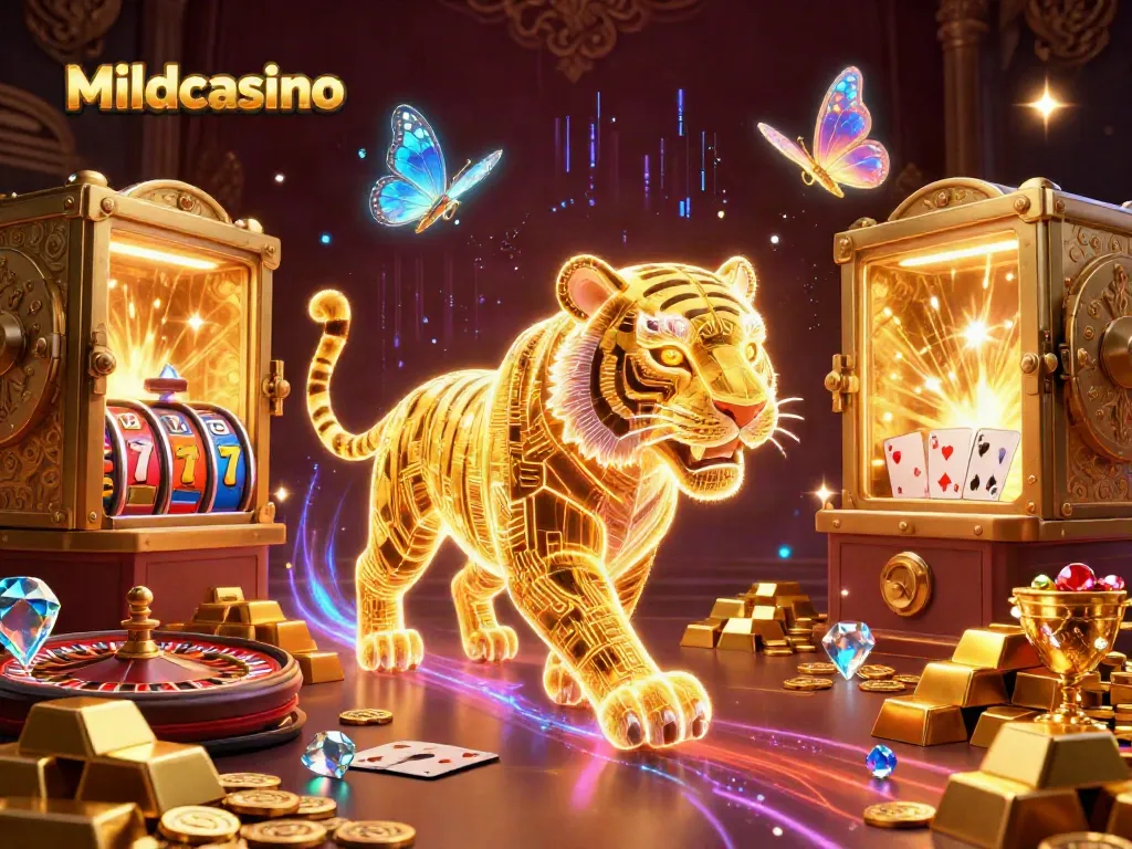 Mildcasino showcases a golden tiger prowling amidst dynamic casino elements, featuring slots and roulette.