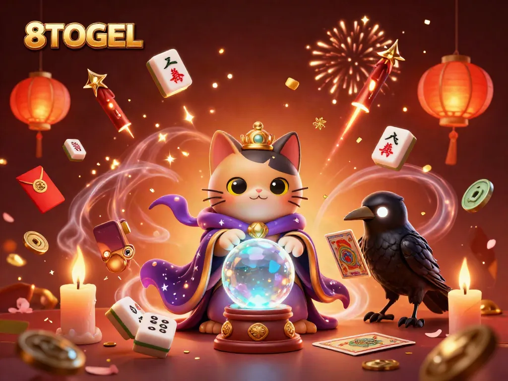 Experience the thrill of 8TOGEL with a vibrant casino scene featuring mystical characters and festive elements.