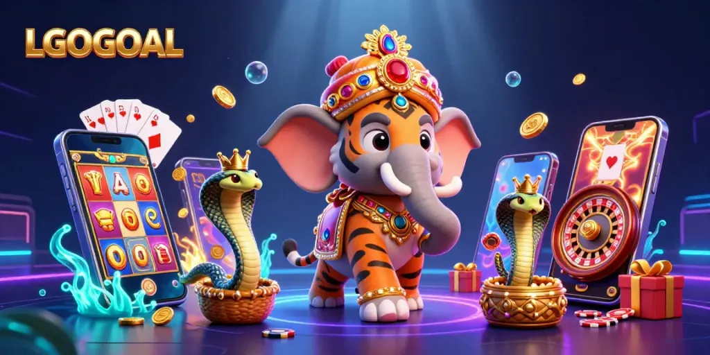 Spin to win with LGOGOAL in a vibrant 3D gambling fantasy featuring exotic characters and casino elements.