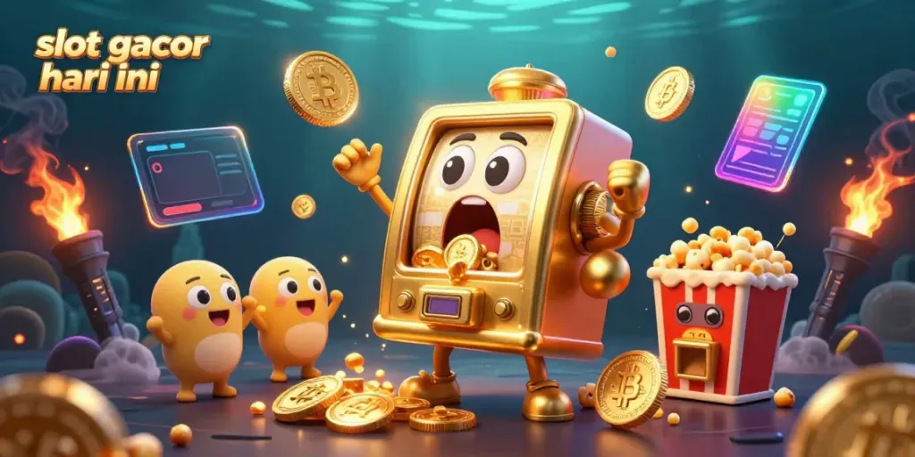 Experience the thrilling slot gacor hari ini with a gold slot machine hitting a jackpot as coins pour out, joined by cheering mini machines, in this vibrant casino illustration.