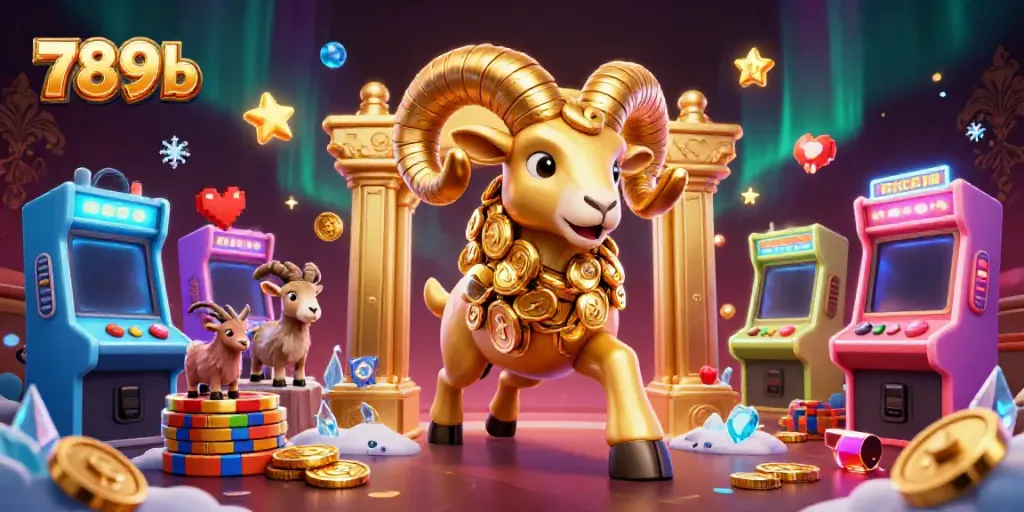 Engage with 789b's vibrant 3D casino scene featuring a golden ram and dynamic game elements.