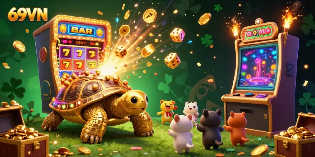 Experience the thrill of winning at 69VN as a massive golden tortoise pinball machine captivates players in a vibrant casino scene.