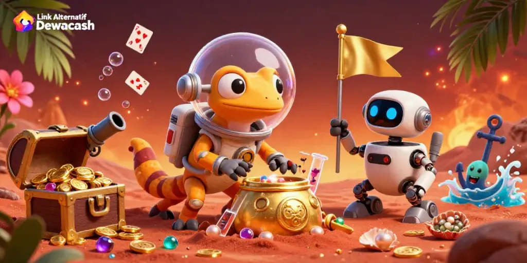 Discover Link Alternatif Dewacash in a vibrant 3D illustration featuring a Martian gecko and festive casino elements.