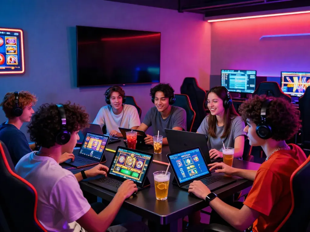Friends enjoying a lively gaming session with slot demo games in a vibrant lounge.