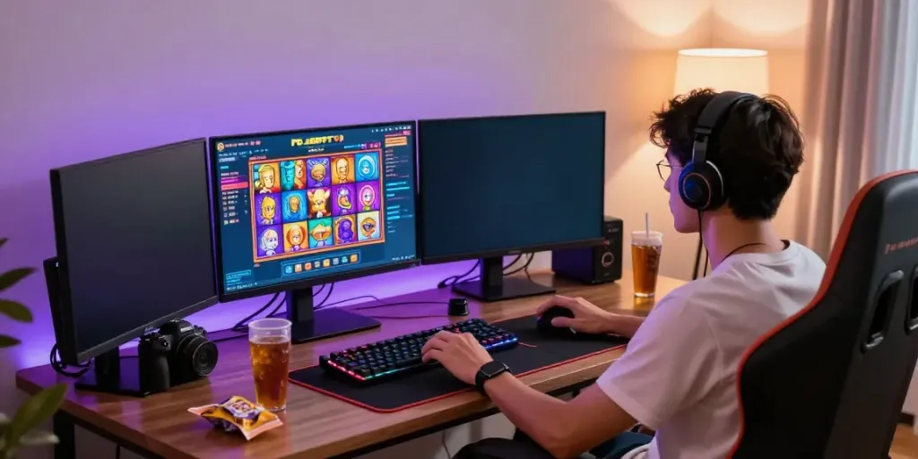 Engaging online gaming atmosphere with slot gacor gameplay on dual monitors.