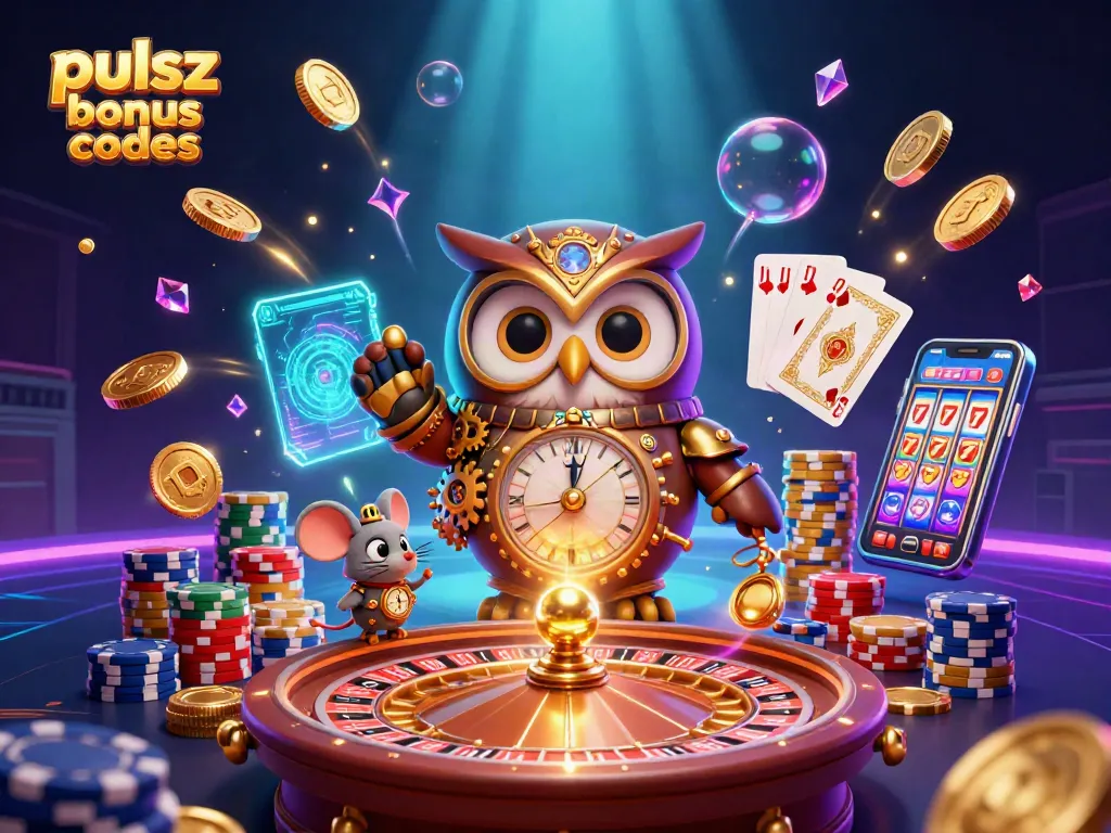Win big with pulsz bonus codes in a vibrant casino scene featuring animated characters.