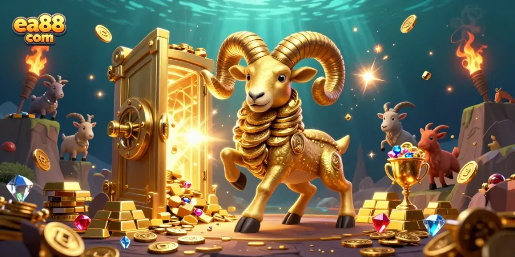 Experience the thrill of gaming with ea88 com's vibrant golden ram at a treasure vault, symbolizing gaming success.