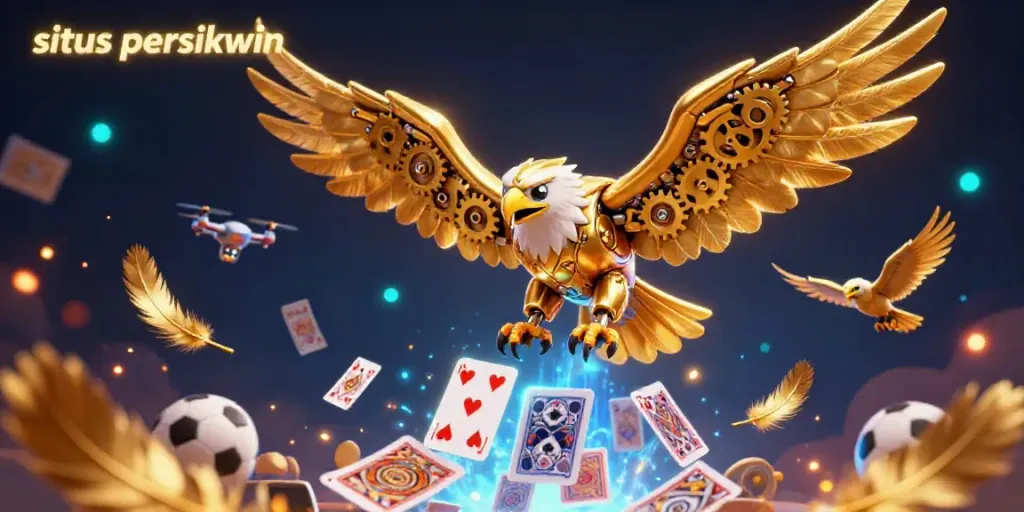 Permainan menarik situs persikwin dengan elang cybernetic dan kartu bermain holografis.