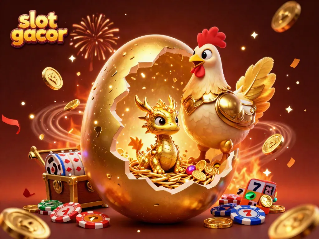 Engage with slot gacor action featuring a golden dragon, poker chips, and floating slot symbols in celebration.