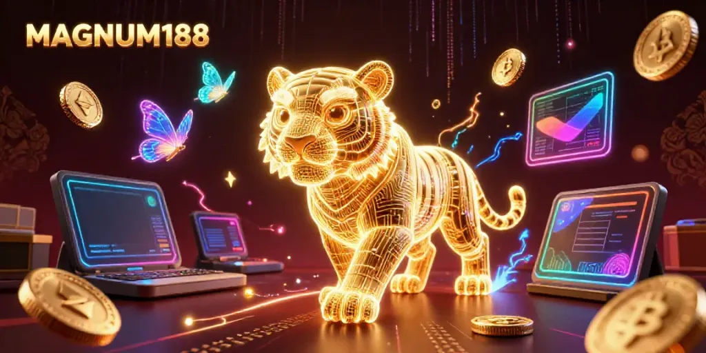 Experience MAGNUM188's vibrant digital casino landscape with neon tiger and crypto coins.