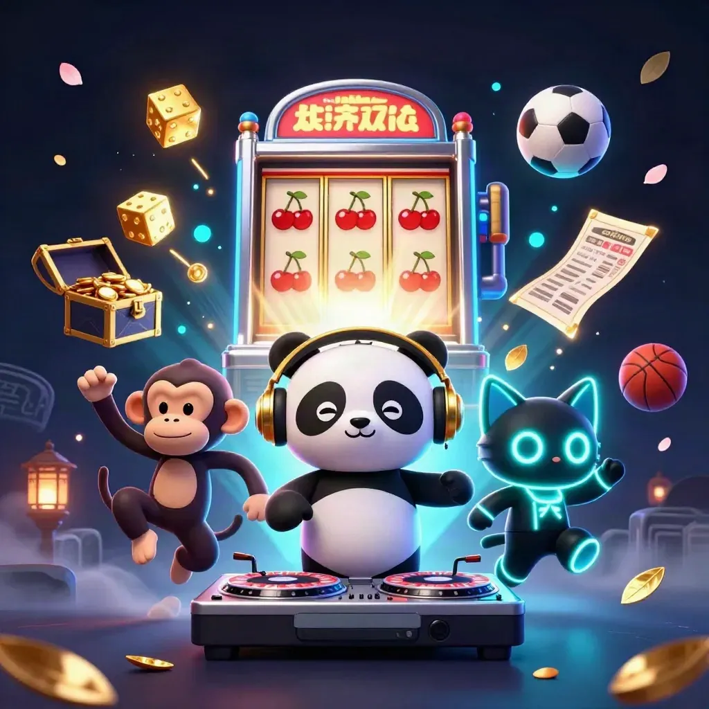 DJ panda, monkey, and glow-stick kitten amid casino bursts and blue-cyan glow