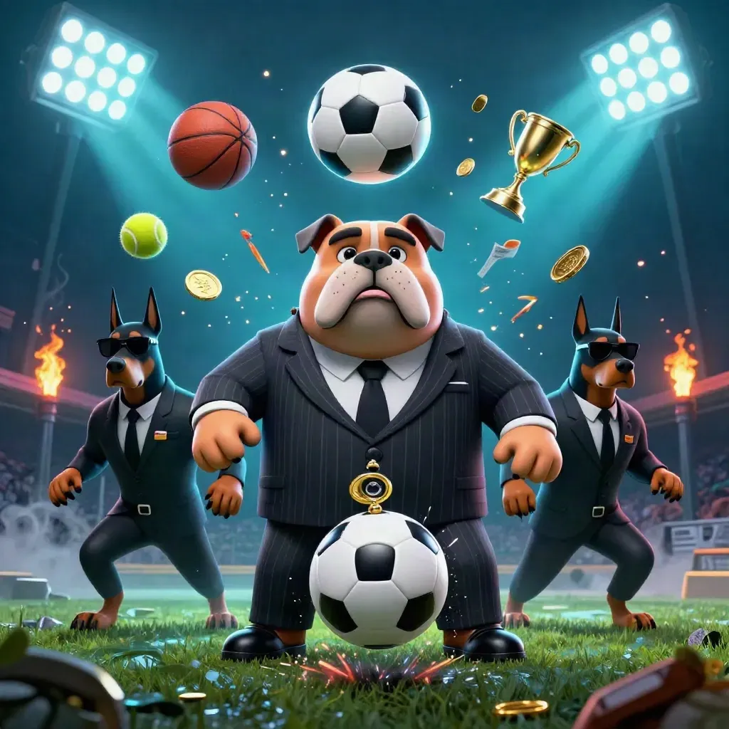 Bulldog boss and Doberman guards amid flying balls, coins, trophy, and stadium beams.