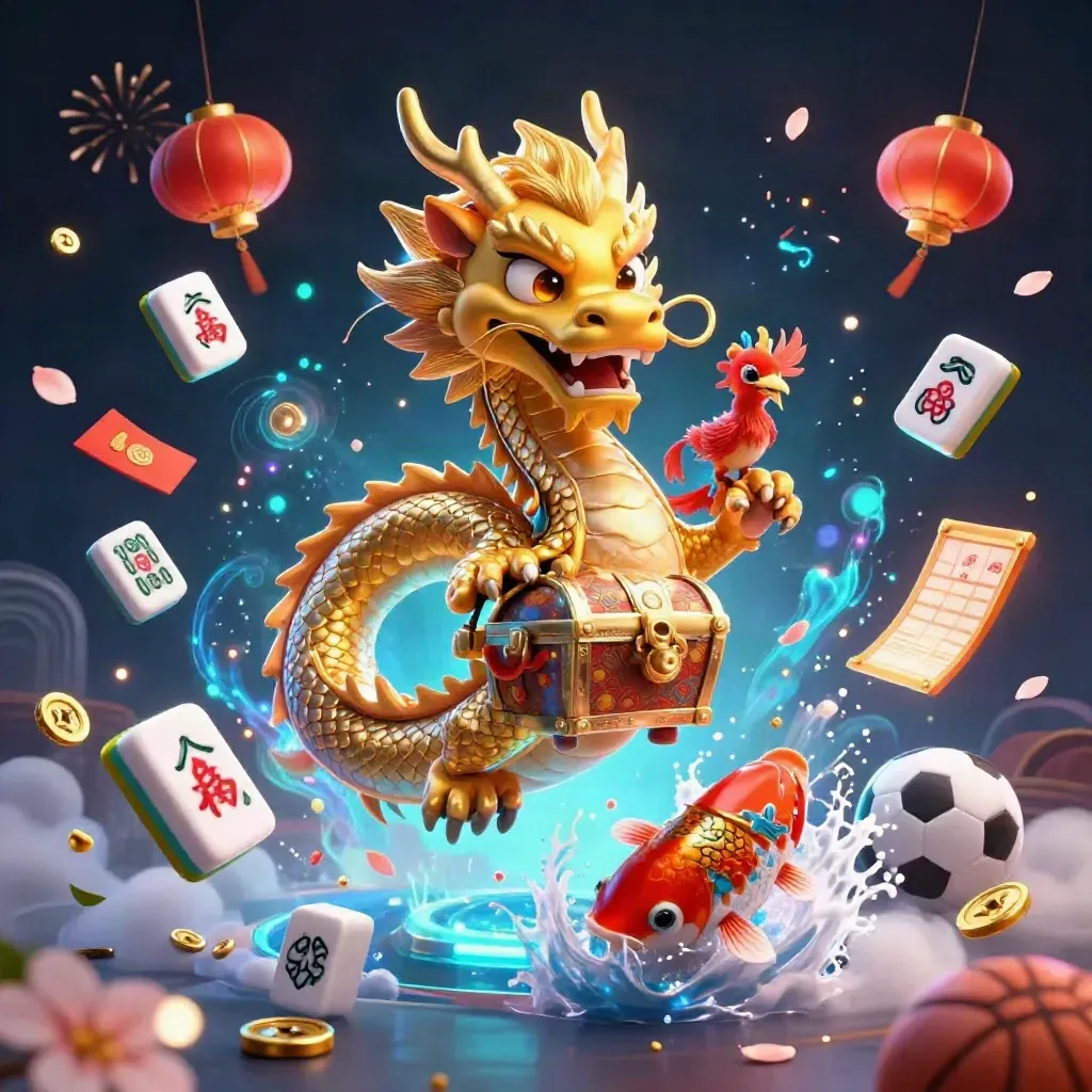 Golden dragon and phoenix over treasure with neon gaming effects on a dark blue casino backdrop