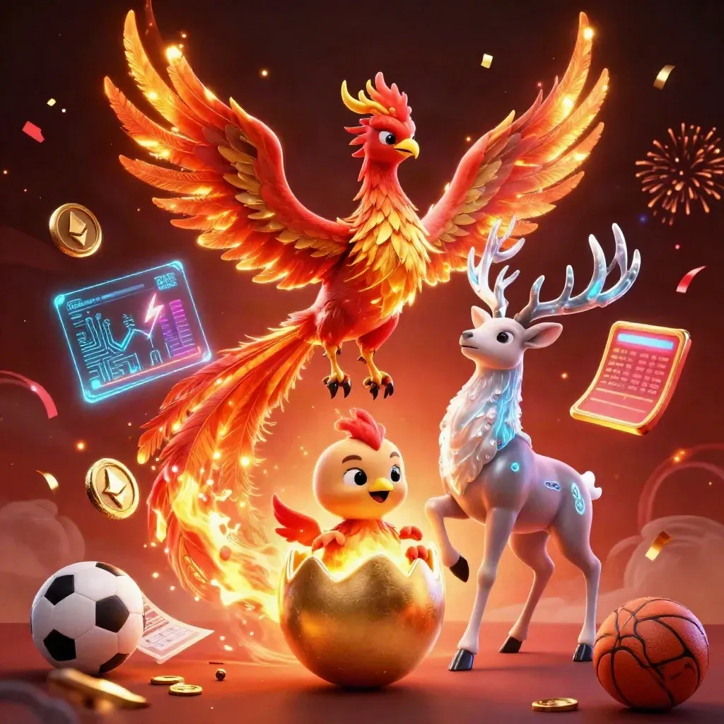 Phoenix, baby phoenix, and crystal stag amid casino-style sports and crypto effects.